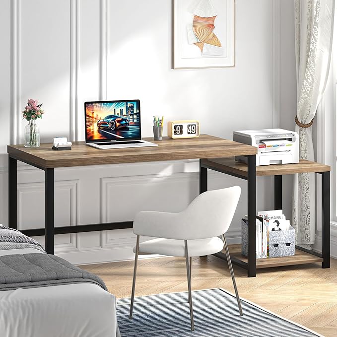 FOLUBAN 63 Inch Large Computer Desk with Printer Space & PC Tower Stand, Modern Wood Home Office Desk Workstation with Storage Shelves, Writing Study Gaming Table, Rustic Oak