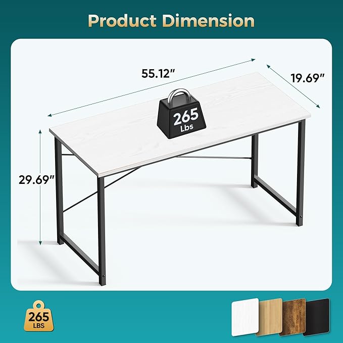 OLIXIS 55 Inch Computer Office Desk for Small Spaces, Writing Gaming Work Desk Modern Study Table with Metal Frame Home Bedroom, White