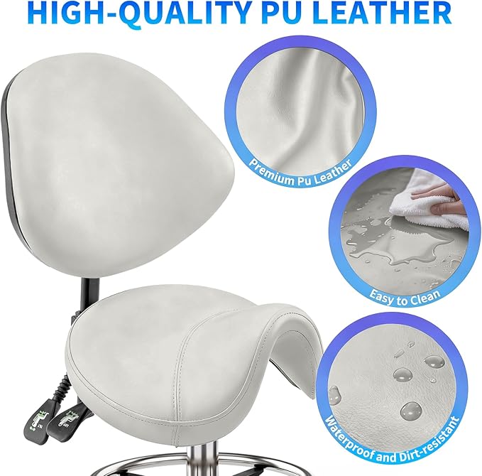 Saddle Chair with Back Support - Tilted Backrest, Adjustable Foot Rest, 350 LBS Capacity Ergonomic, 360° Swivel Drafting Chair for Salon,Spa, Massage, Tattoo, Facial lash, Home, Dentist（Grey）