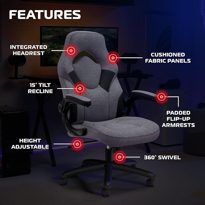 RESPAWN 3085 Ergonomic Gaming Chair for Adults, High Back Office Chair with Headrest and Flip Up Arms, Leather Racing Style Gaming Seat with Lumbar Support, Video Game Computer Desk Seat - Gray Fabric