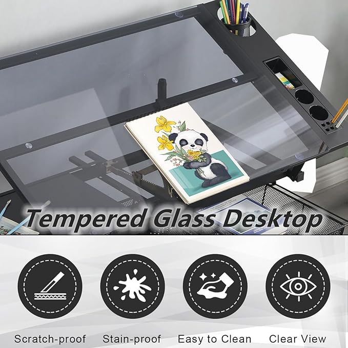 Drafting Table with Stool, Upgraded Height Adjustable Drawing Desk Art Table Drafting Desk with 0-75° Tilting Glass Tabletop and More Storage for Home Office, Type 2-Black