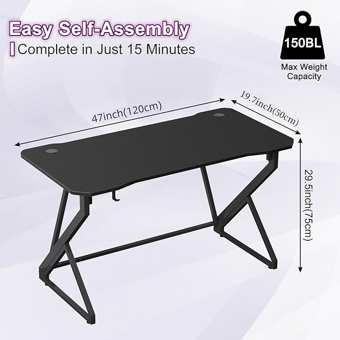 Grandder Gaming Desk Z Shaped 47 Inch Gamer Workstation, Home Computer Carbon Fiber Surface Gaming Desk PC Table with Headphone Hook, Carbon Fiber Black