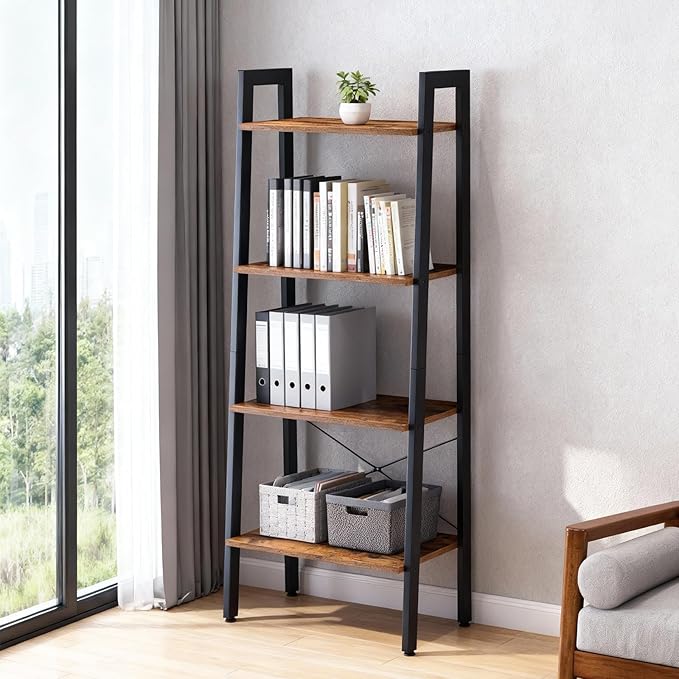 DUMOS Ladder Shelf, 4-Tier Display Bookshelf, Industrial Style Storage Standing Shelf, Decorative Shelves with Stable Frame for Living Room, Bedroom, Office, Kitchen, Bathroom, Brown