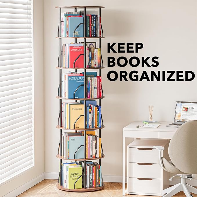 SpaceAid 6 Tier Rotating Bookshelf Tower, 360 Display Stackable Spinning Bookcase, Space Saving Revolving Round Book Shelf, Floor Standing Swivel Corner Organizer, Brown Wood