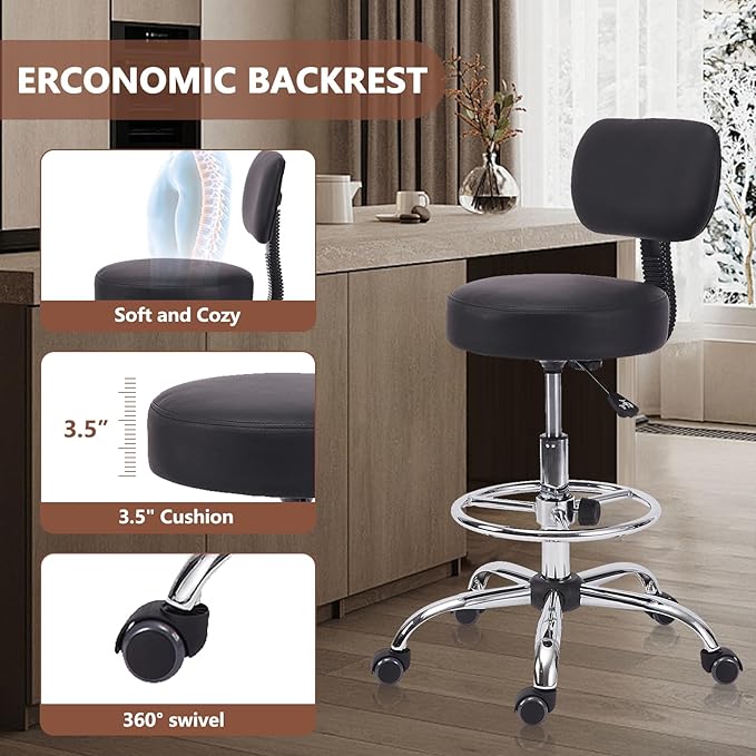 KLASIKA Drafting Stool Chair with Back, Adjustable Foot Rest Backrest Swivel Rolling Stool, Multi-Purpose Office Desk Chair, Thickened Seat for Home Bar Spa Kitchen Shop 4pack