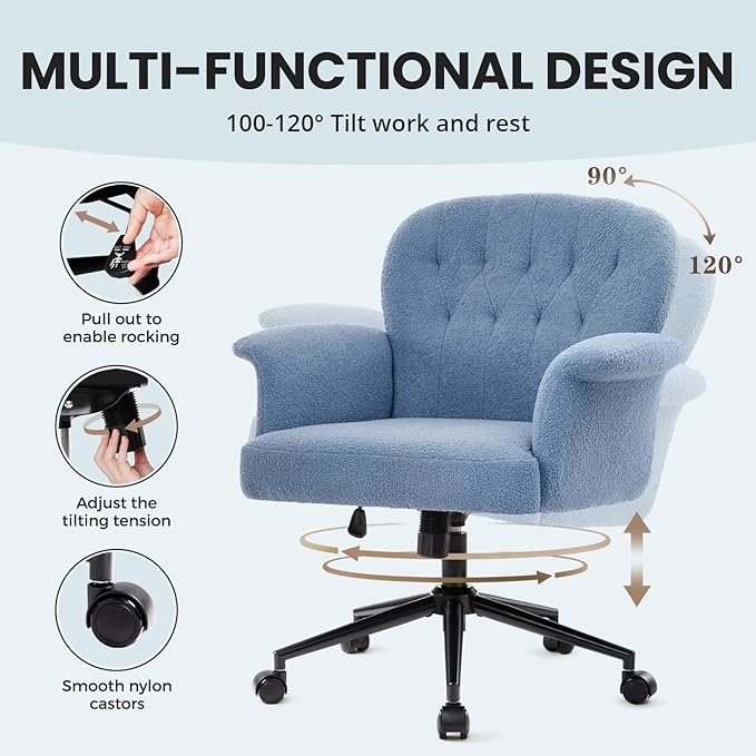 IWMH Home Office Desk Chair, Teddy Fabric Cozy Desk Chair with Wheels and Arms, Modern Upholstered High Back Wide Seat Vanity Chair for Bedroom Living Room Makeup (Blue)