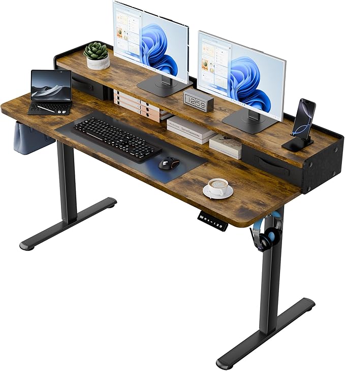 YESHOMY 55" x 23" Electric Standing Desk with 2 Drawers, Height Adjustable Computer Desk, Low Noise Home Office Stand Up Desk with 2 Preset Heights & 2 Hooks, Rustic Brown