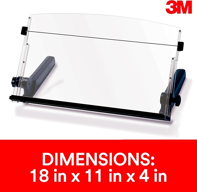 3M Adjustable Document Copy Holder, In-line with Monitor Minimizing Head and Neck Movement, 300 Sheet Capacity Holds Sheets to Books, Elastic Line Guide Keeps Pages Open, 18" Wide, Black (DH640)