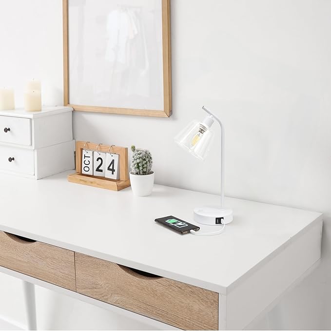 Simple Designs LD1074-WHT 15.75" Sleek Essentials Modern Industrial Metal Desk Lamp with Clear Glass Shade and Dual USB Ports, for Office, Desk, Nightstand, Dorm, White