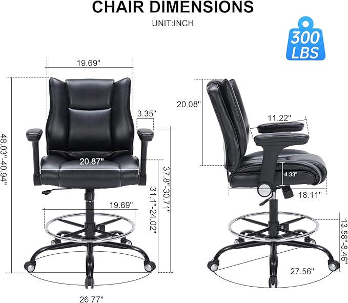 Office Drafting Chair, Tall Desk Chair with Adjustable Armrests and Footrest Ring PU Leather Standing Desk Chair with Extra Thicken Seat Cushion, Comfy High Office Chair for Counter Height Desk, Black