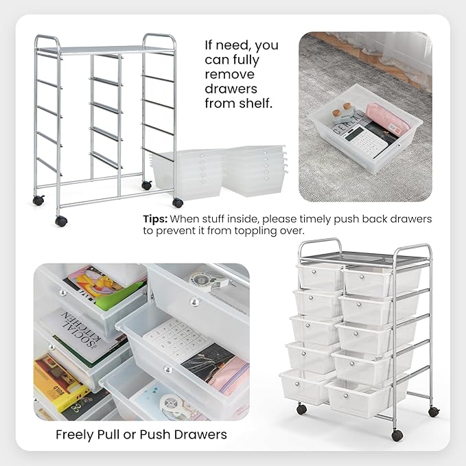 Moccha 10-Drawer Rolling Storage Cart - Under Desk Storage Drawers with wheels for Craft Art Supply Paper Salon, Scrapbook Paper Tools, Mobile Utility Cart for Classroom, Clear
