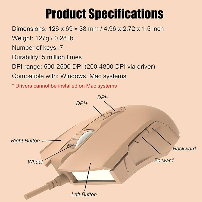 Lomiluskr AJ52 RGB Wired Gaming Mouse, 7 Programmable Buttons, Computer Mice with RGB Lighting, 200-4800 DPI Adjustable, for Windows/Mac OS/Linux (MilkTea)