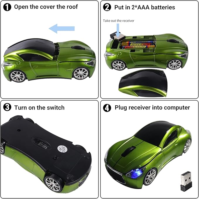 elec Space Wireless Mini Mouse with Case - Cute Sports Car Shape, Lightweight & Portable, 10m Range, Plug and Play (Green)