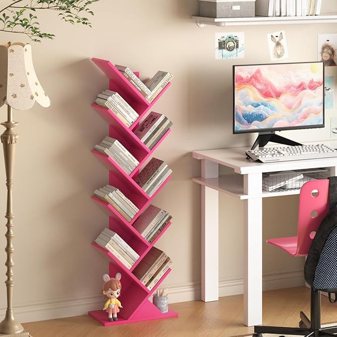 SHEEPAM 10 Tier Tree Book Shelf, Floor Standing Wood Bookshelf for Narrow Space, Storage Organizer Bookshelves for Books/CDs/Magazine, Bookcase with Shelves for Home Office, Living Room - Pink