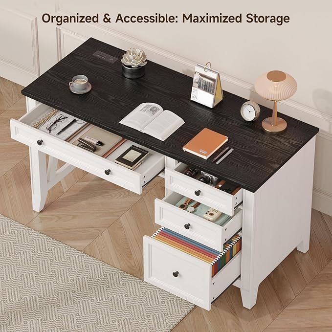 ONBRILL 54 Inch Farmhouse Executive Desk, Computer Desk with Drawers, Home Office Desk with Charging Station, for Working Studying Writing, White