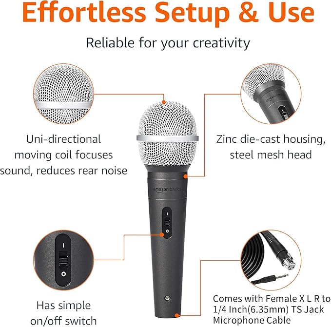 Amazon Basics Dynamic Vocal Microphone with Cable for Podcasting, Recording, Broadcasting, Live Performance, Karaoke, Cardioid Pattern
