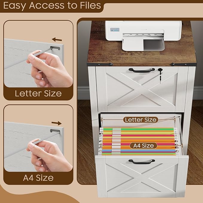 Vabches Vertical File Cabinet with 2 Drawers, Wooden Farmhouse Filing Cabinet for Letter/A4 Size Hanging Files, Under Desk Printer Stand with Storage for Home Office, White and Lock