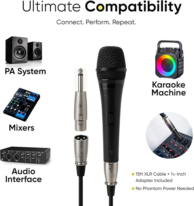Bowens Dynamic Mic XLR – Wired Karaoke Microphone with 15ft Cable, Handheld Vocal Microphone for Singing, Dj, Podcasting, and PA Systems, Complete 7 Piece Microfono Kit