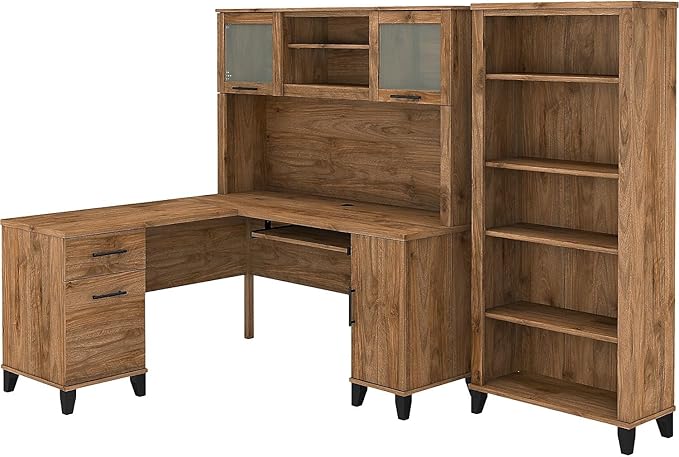 Bush Home Somerset 60W L Shaped Desk with Hutch and 5 Shelf Bookcase in Fresh Walnut