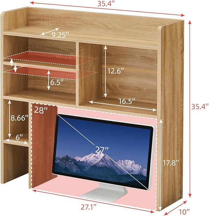 TUKAILAi Desktop Bookshelf Organizer, Countertop Storage Hutch with 7 Shelves for Desk, Dorm Desk Hutch Wood Display Rack for Home Office (Natural)