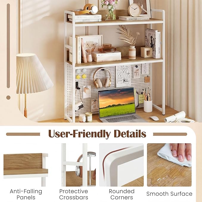 Giantex Desktop Bookshelf, 2-Tier Desk Hutch Dorm with Pegboard for up to 32" Computer Monitor, Industrial Countertop Storage Organizer Rack, Desk Shelf for Home Office (Natural)