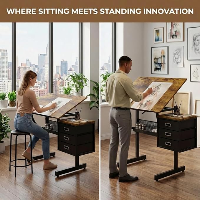 Drafting Table with Storage, Adjustable Art Desk & Art Table with Stool, 0-75° Tilting Top, 3 Drawers for Diamond Painting, Architecture, Animation, Office (Adults & Teens) (Rustic Brown)