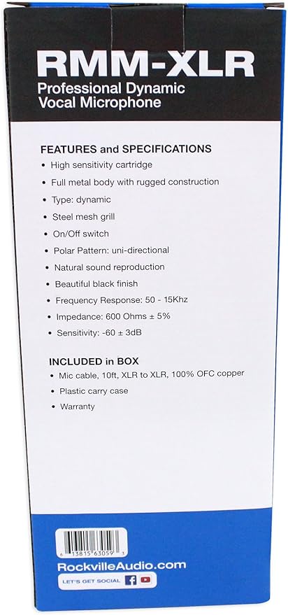 Rockville RMM-XLR Super Cardioid Dynamic Microphone, 600 Ohm, Metal Body, On/Off Switch, 10ft XLR Cable, Black Finish, for Live Performances and Vocals, 2-Piece