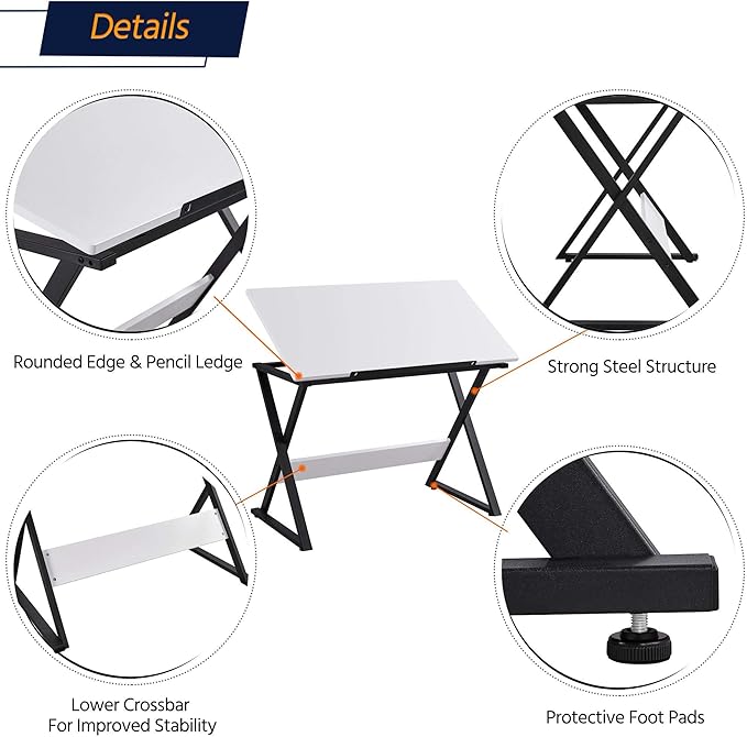 Topeakmart Height Adjustable Drawing Table Drafting Table up to 30 Degrees, Art Tilting Tabletop Workstation for Artists, Home Furniture Art Desk for Writing/Studying/Reading, White