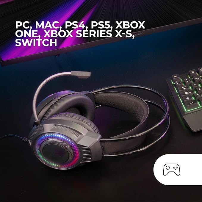 Mars Gaming MH124 FRGB Rainbow Gaming Headphones, Ergonomic Design, Flexible Microphone, Volume Control, Windows, Linux, Mac, PS4, PS5, Xbox One, Xbox Series X|S, Switch, Switch 2, Black