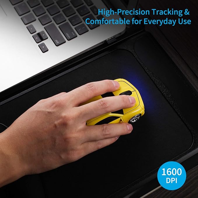 Wireless Car Mouse [Updated] with LED Headlights, 1600 DPI Sports Car Shaped Mouse for Mac, Computers, Yellow