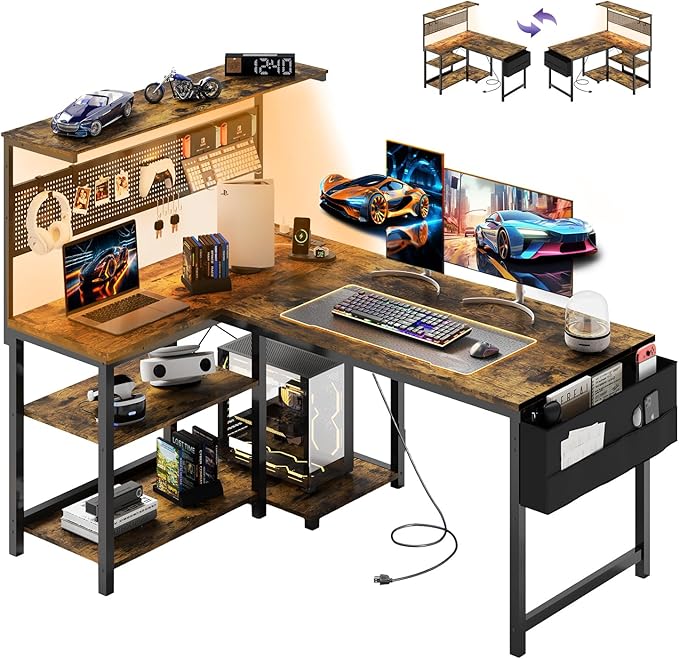 Apicizon L Shaped Desk Gaming Desk with LED Light & Power Outlet, 47 Inch Reversible Computer Desk with Pegboard & Shelf & Storage Bag for Home Office, Rustic Brown