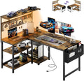 Apicizon L Shaped Desk Gaming Desk with LED Light & Power Outlet, 47 Inch Reversible Computer Desk with Pegboard & Shelf & Storage Bag for Home Office, Rustic Brown