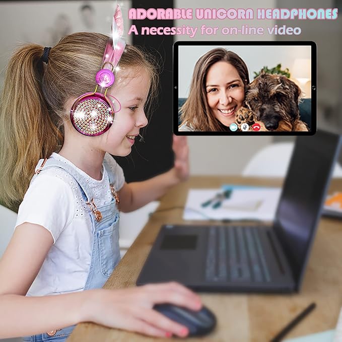 SVYHUOK Cat Ear Wireless Headphones for Kids with Mic, Bluetooth Over Ear Headset for School Cellphone Smartphones Laptop PC,FM&85db Volume liminted&LED Light,Wired Headset for School Home (Good)
