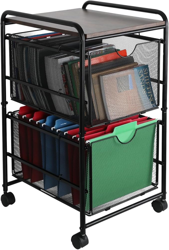EasyPAG Rolling File Cart with 2 Drawers, Under Desk File Cabinet on Lockable Wheels, Hanging Folder Organizer with Wooden Printer Stand for Home Office