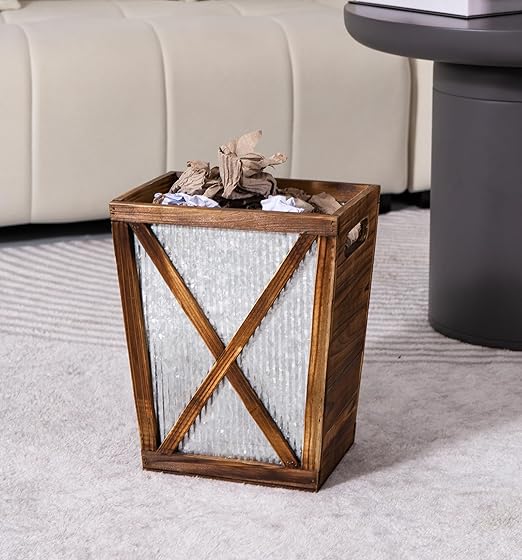 Venalys Small Wood Trash Can Wastebasket, Decorative Barn Door Garbage Can Waste Basket, Rustic Distressed Rectangular Trash Bin, Farmhouse Wooden Storage Basket Waste Paper Bin (Brown)