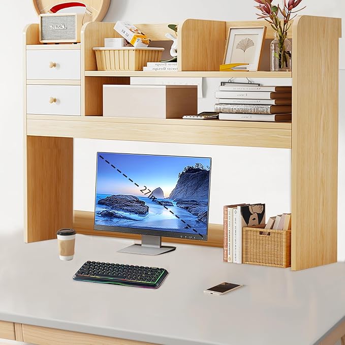 Desktop Bookshelf,Countertop Storage Hutch with 4 Shelves for Dorm Office Home,Wooden Hutch Bookshelf,Computer Bookcase 36.6in (Wood Color)