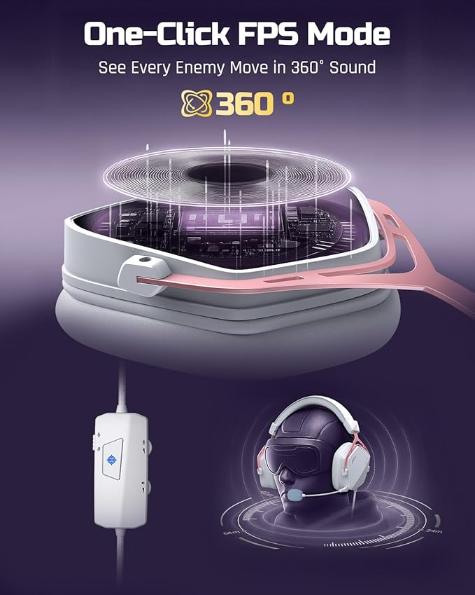 NUBWO HG03 USB-A Gaming Headset with 7.1 Surround and FPS Sound, Wired Headphones with Noise Canceling Mic, Comfortable Design for PC, Laptop - White Pink