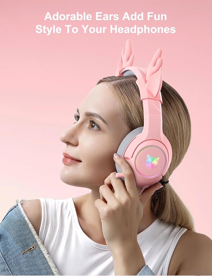Pink Deer Antler Ears for Headphones, Silicone Cute Ears Attachment, Lovely Detachable Accessories Fit for Gaming Headset, Lightweight & Durable