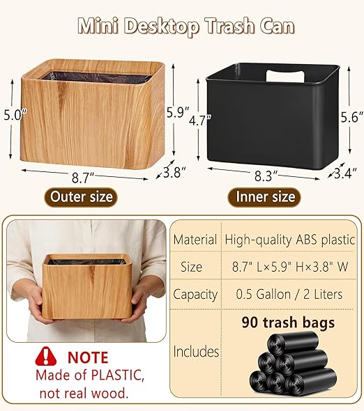 Mini Trash Can for Desk(0.5Gal/2L),Tiny Countertop Trash Can (with 90 Bags),Small Office Desktop Garbage Cans,Tabletop Waste Basket with Open Top,Mini Trash Bin for Bedroom,Vanity,Car