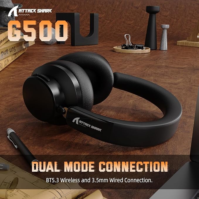 ATTACK SHARK G500 Wireless Over-ear Noise Canceling Headphones,Bluetooth ANC Gaming Headset with BT 5.3/3.5mm Audio Cable,20H Playtime,Hifi Stereo Sound,Deep Bass,Built-in Mic for PC Smartphone(Black)