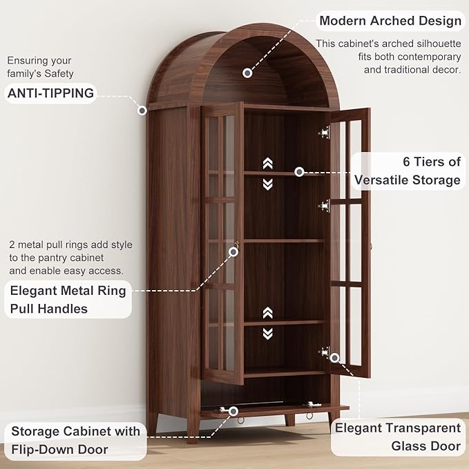 70" Tall Arched Cabinet, Modern Farmhouse Wooden Display Cabinet with Glass Doors, 6 Tier Bookshelf w/Adjustable Shelves for Living Room, Office, Walnut
