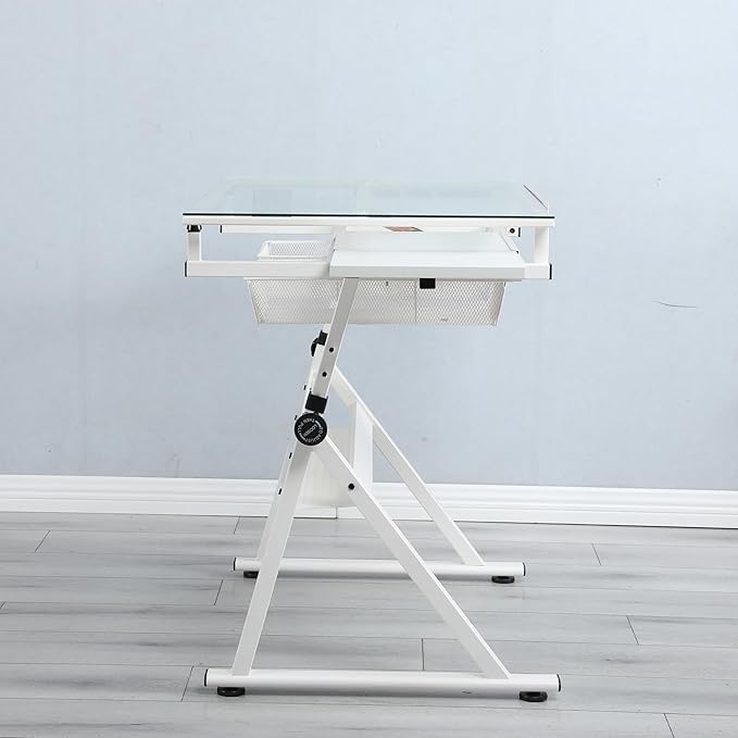 Adjustable Drawing Table for Artists | Drafting Desk with Tilted Glass Top | Art & Craft Table for Adults (White, Classic Pro-27.16''- 35.82'' H)