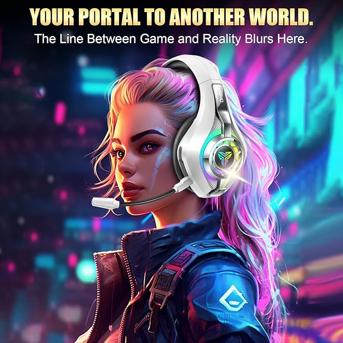 2.4GHz Wireless Gaming Headsets for PS5/PS4/PC/Switch/Xbox, RGB Noise Cancelling Over-Ear Headphones with 7.1 Surround Sound, 40mm Drivers, 276g Ultraligero, Memory Foam, 45H Gaming Headphones White