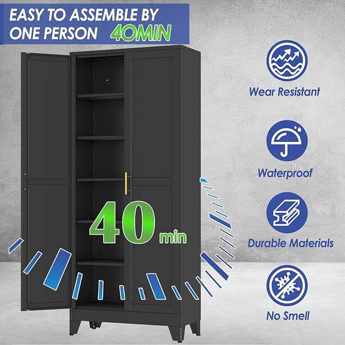 75" Metal Storage Cabinet with Adjustable Leveling Foot,Garage Storage Cabinets with 2 Doors and 5 Adjustable Shelves, Black Steel Cabinet for Office,Home,Garage