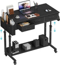 Rolling Standing Desk Adjustable Height with Drawers, 40 Inch Mobile Stand Up Portable Teacher Desks on Wheels for Classroom, Couch Sofa Side Laptop Table with Storage for Bedroom Home Office, Black