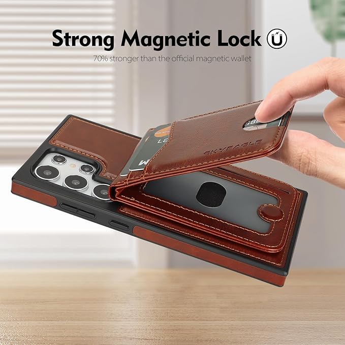 SkyEagle Compatible with Magsafe 2 in 1 Detachable Samsung Galaxy S25 Ultra Wallet Case with Card Holder,Women Men Magnetic PU Leather RFID Blocking Flip Kickstand Credit Slots,Brown
