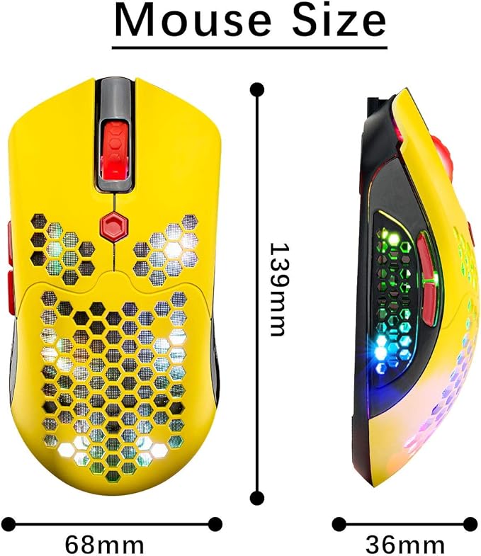Wireless Gaming Mouse,16 RGB Backlit Ultralight Wireless/Wired Mice with Programmable Driver,Rechargeable 800mA Battery,Pixart 3325 12000 DPI,Lightweight Honeycomb Shell for PC Gamers (Yellow)