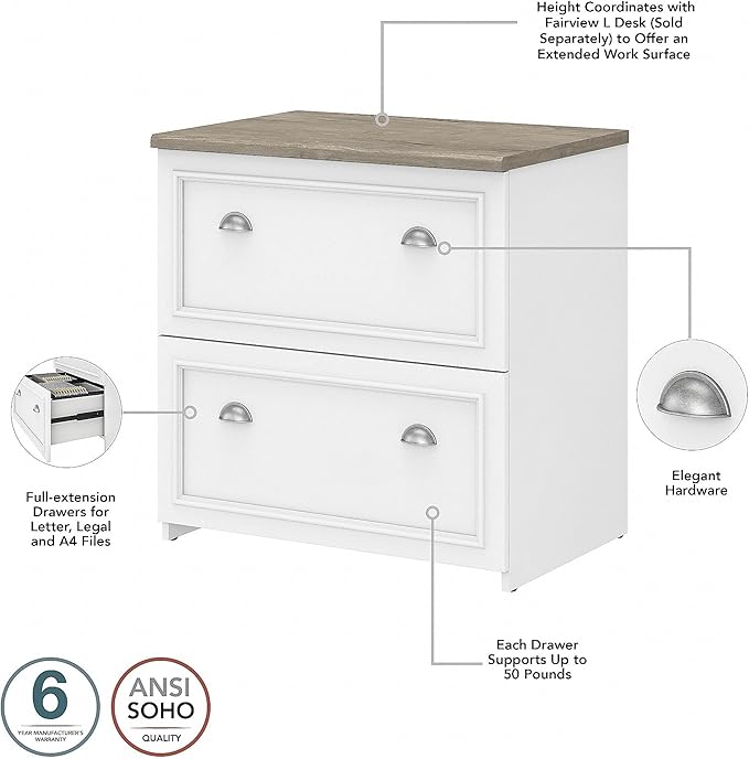 Bush Home Fairview 60W L Shaped Desk with Hutch and Lateral File Cabinet in Pure White and Shiplap Gray