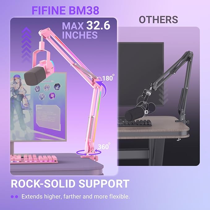 FIFINE Pink Podcast Microphone and RGB Mic Arm Bundle, XLR/USB Studio Dynamic Mic with Mute Button & Gain, RGB Adjustable Scissor Mic Stand with 3/8"-5/8" Adapter for Streaming, Gaming-K688P+BM38P