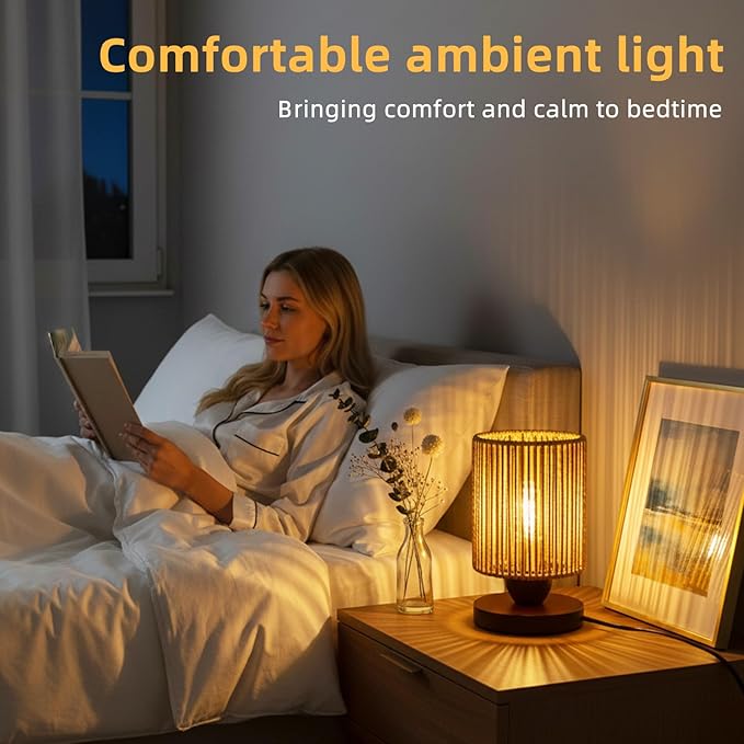 Rattan Table Lamp, Boho Bedroom Bedside Small Lamps with Warm White LED Bulb, Vintage Wooden Nightstand Nightlight, Rustic Handmade Woven End Desk Lamps for Bedroom Living Room Study Kids Room
